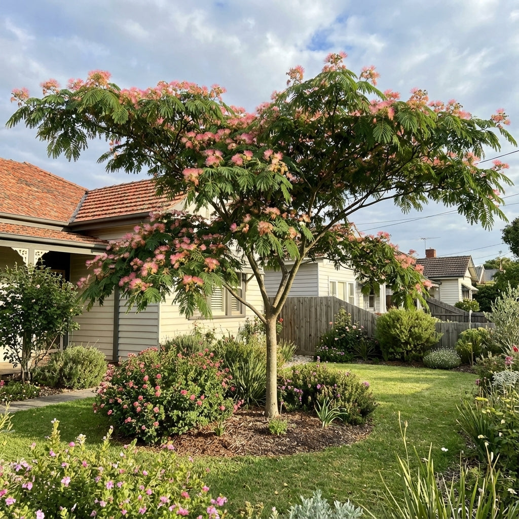 A Pink Silk Tree - Albizia julibrissin, a beautiful flowering shade tree, graces the landscaped front yard of a suburban home.