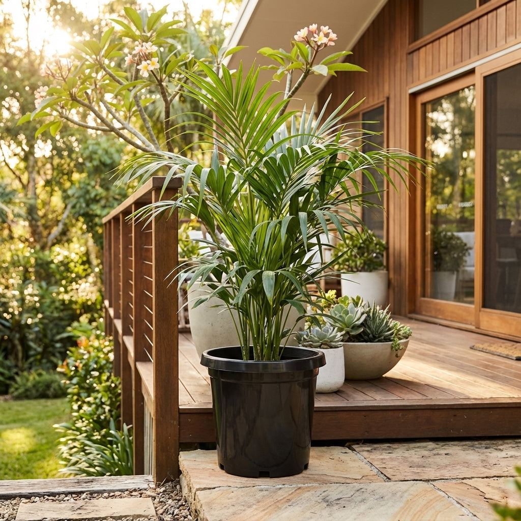 A Black Growers Plant Pot (various sizes available) holds a potted palm on a stone path by a wooden deck with other plants, next to a modern house.