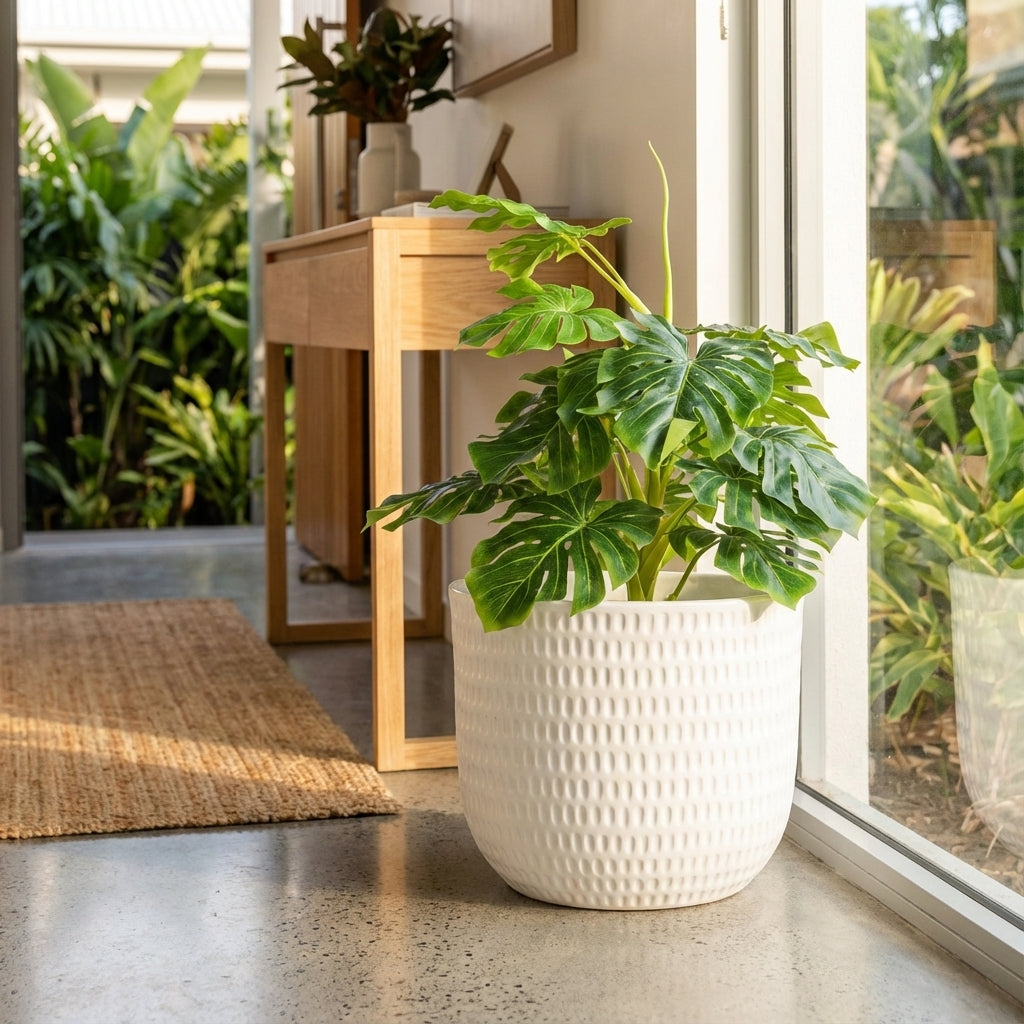 A potted green plant in the White Dotty Ceramic Pot, available in various sizes, sits by a sunny window on a polished indoor floor.