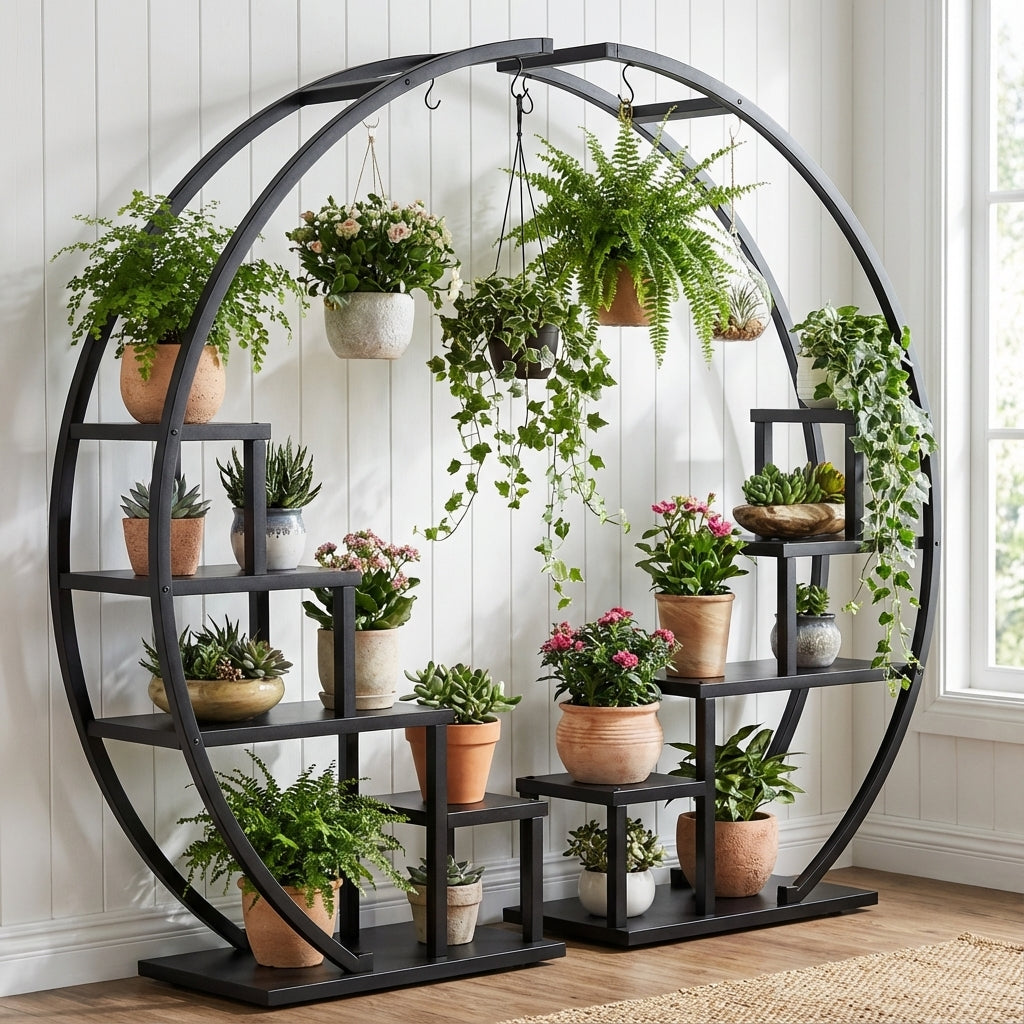 The 5 Tier Round Metal Plant Stand, in black metal, is filled with assorted potted plants and placed by a sunny window against a white wall, creating a modern and stylish plant display.