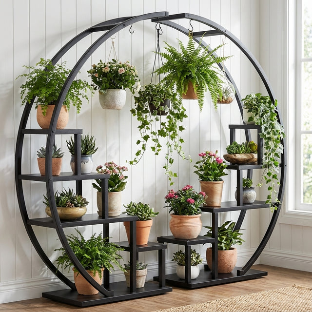 The 5 Tier Round Metal Plant Stand, in black metal, is filled with assorted potted plants and placed by a sunny window against a white wall, creating a modern and stylish plant display.