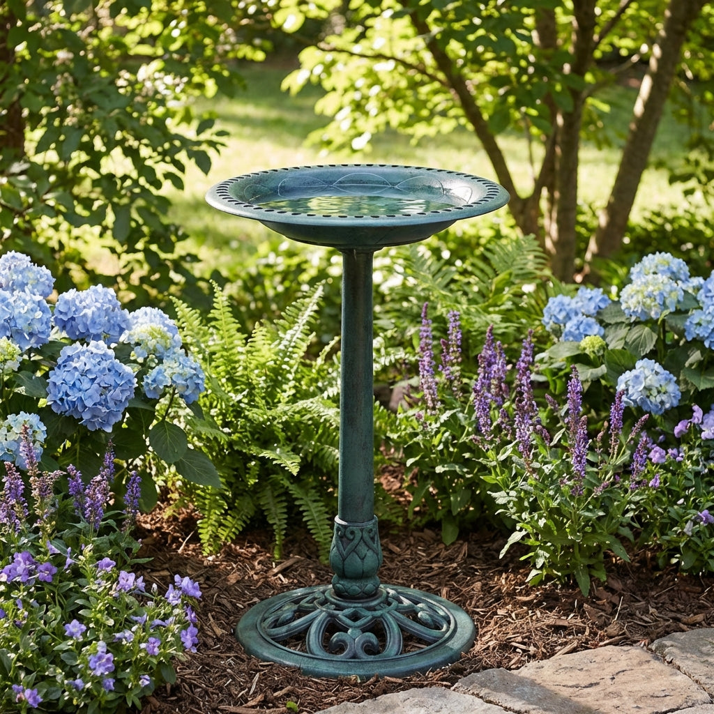 The Northcote Pottery 50 x 14cm Forrest Green Newport Water Bowl makes a striking garden feature, set among blue hydrangeas, purple flowers, and ferns in a sunny spot.
