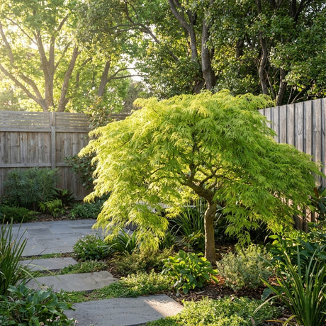 Acer palmatum dissectum ‘Viridis’ stands out as a feature tree, its vibrant green foliage glowing in the sunlit garden beside a wooden fence.