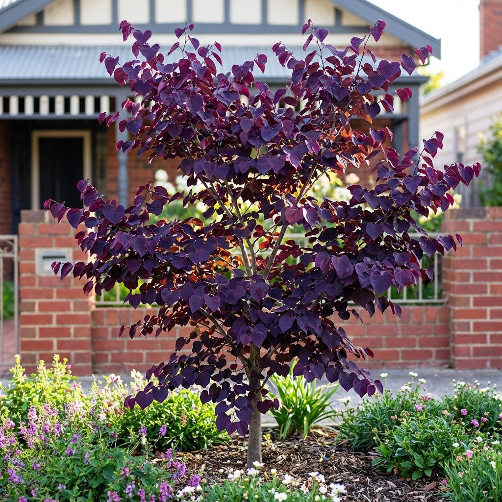 The Cercis canadensis ‘Forest Pansy’ is a small ornamental tree with deep purple leaves that stands out in the front yard, creating a striking contrast against a brick house and garden flowers.