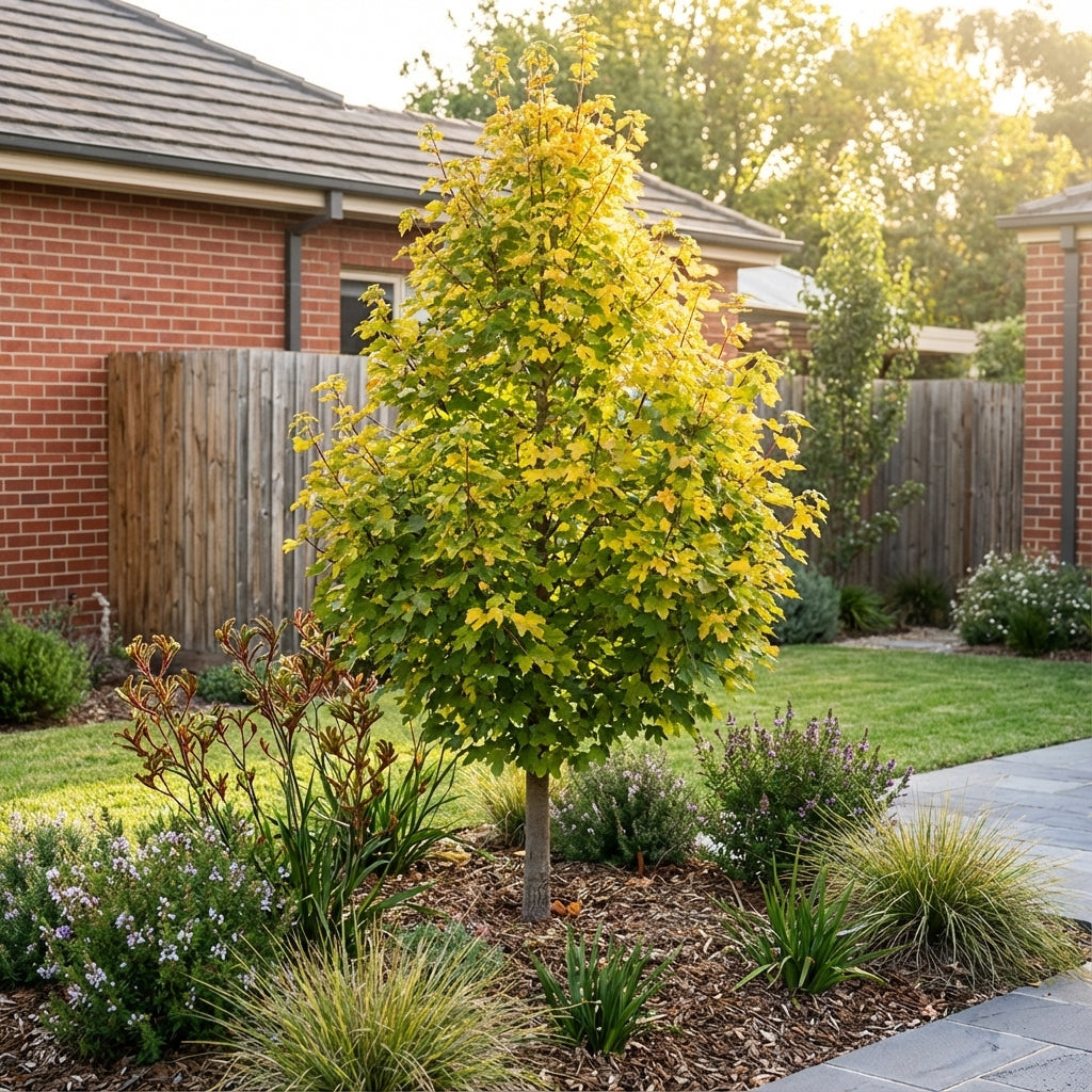 Field Maple (Acer campestre ‘Elsrijk’) with yellow-green leaves grows in a neat garden bordered by grass, shrubs, and a brick house.