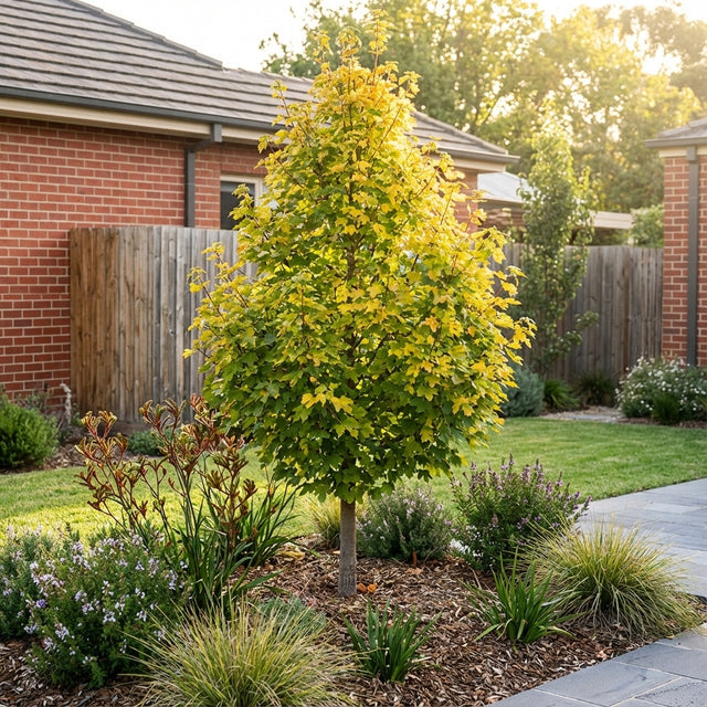 Field Maple (Acer campestre ‘Elsrijk’) with yellow-green leaves grows in a neat garden bordered by grass, shrubs, and a brick house.