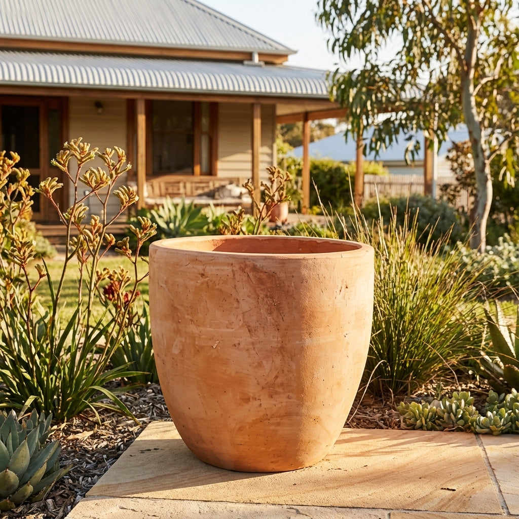 The Terracotta Egg Shaped Pot (various sizes available) adds style to your patio or garden. Its breathable clay ensures healthy root growth and natural drainage, with a house and plants as the perfect backdrop.