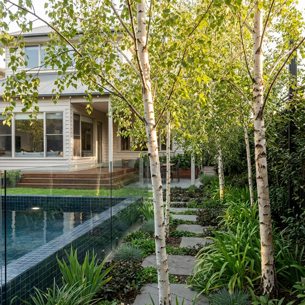 Silver Birch - Betula pendula ‘Moss White’ trees with striking white bark and lush foliage line a stone path beside a modern house and glass-fenced pool.