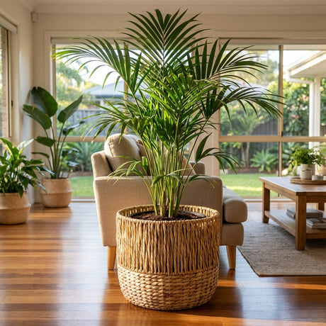 A bright, modern living room with wooden floors features a potted palm displayed in the Natural Woven Planter, available in various sizes.