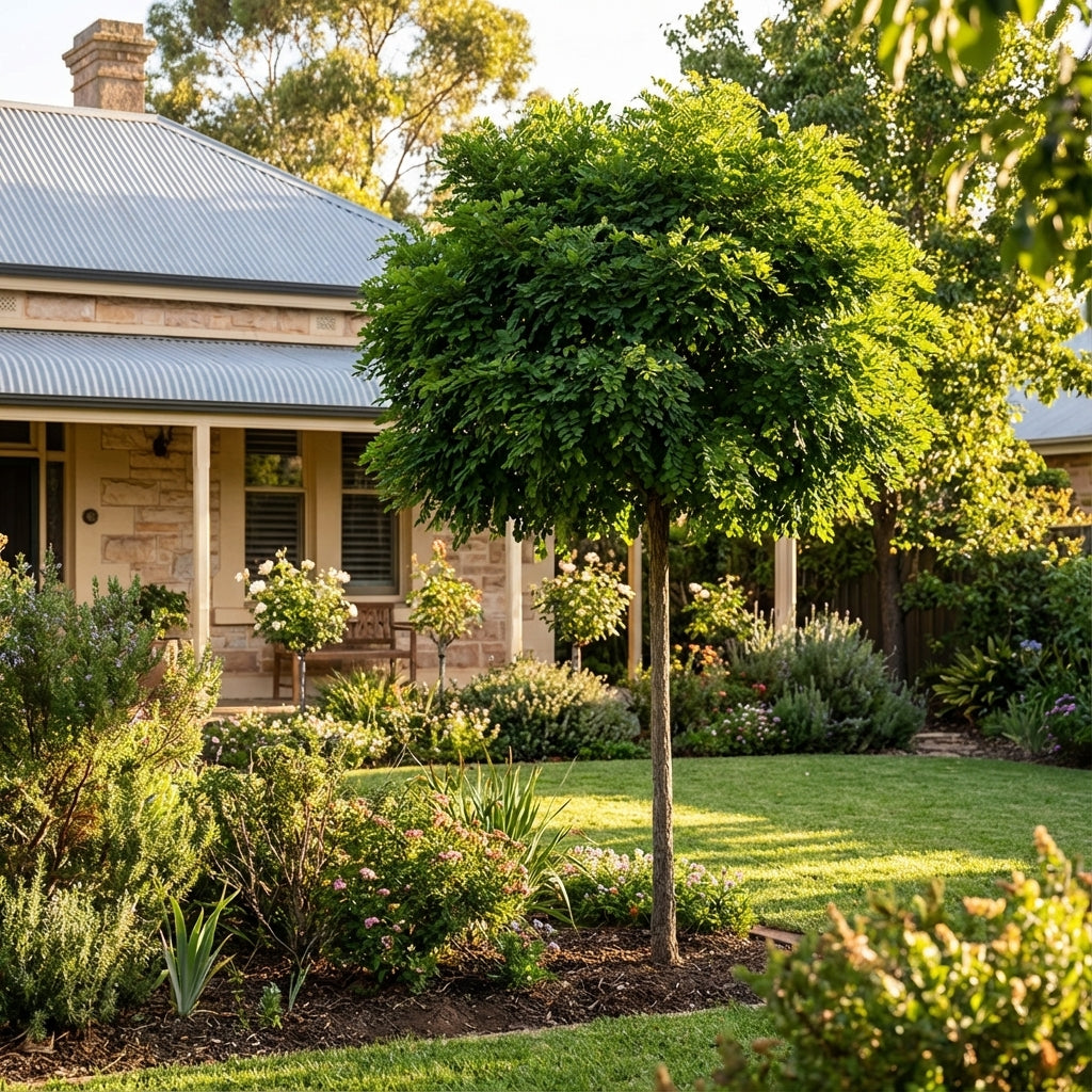 An Umbraculifera Robinia (Robinia pseudoacacia ‘Umbraculifera’) with lush green foliage and an umbrella-shaped canopy accents the well-kept garden in front of a house.