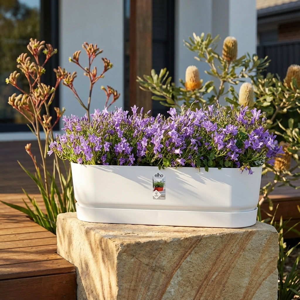 The Greenville Self Watering Plant Pot, filled with blooming purple flowers, sits on a stone in a sunny garden setting. Various sizes available.