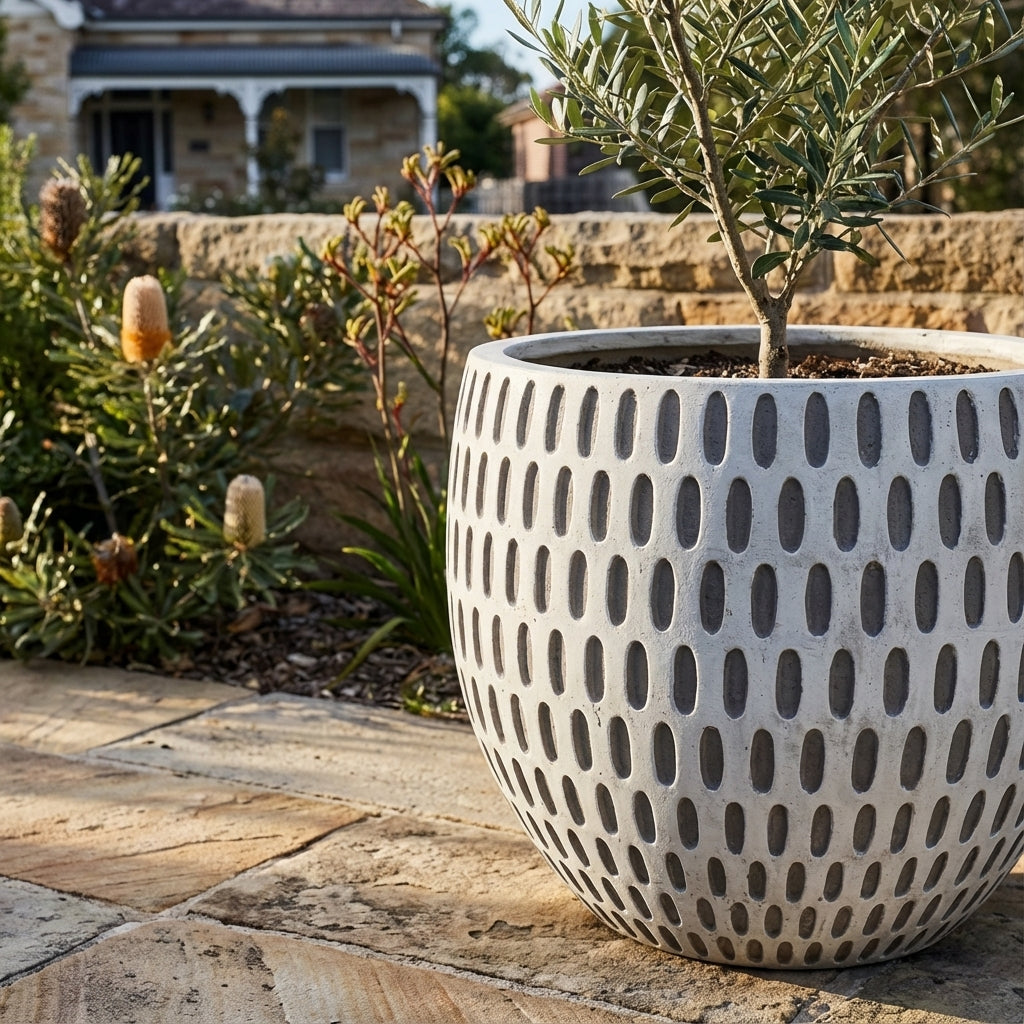 An X large Grey White Grid cement pot (700mm x 590mm) with a small tree sits on a stone patio, garden plants around it and a house in the background.