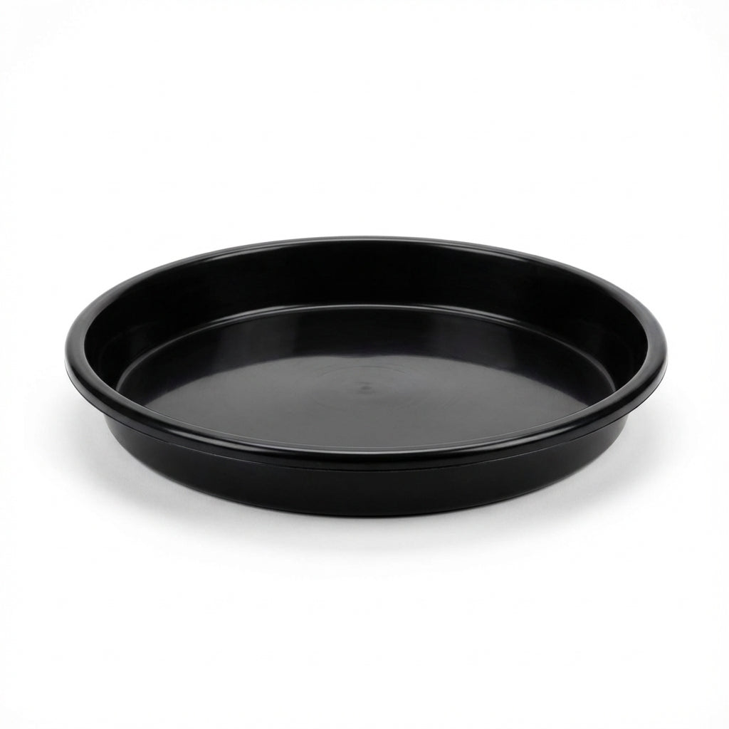 Black Growers Plant Saucer, available in various sizes, shown here as a round, shallow plastic saucer on a white background.