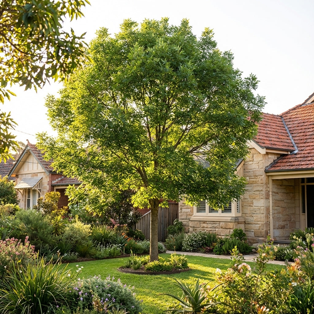A Green Ash (Fraxinus pennsylvanica), a fast-growing shade tree, thrives in the sunlit front yard next to a stone house with a red-tiled roof.