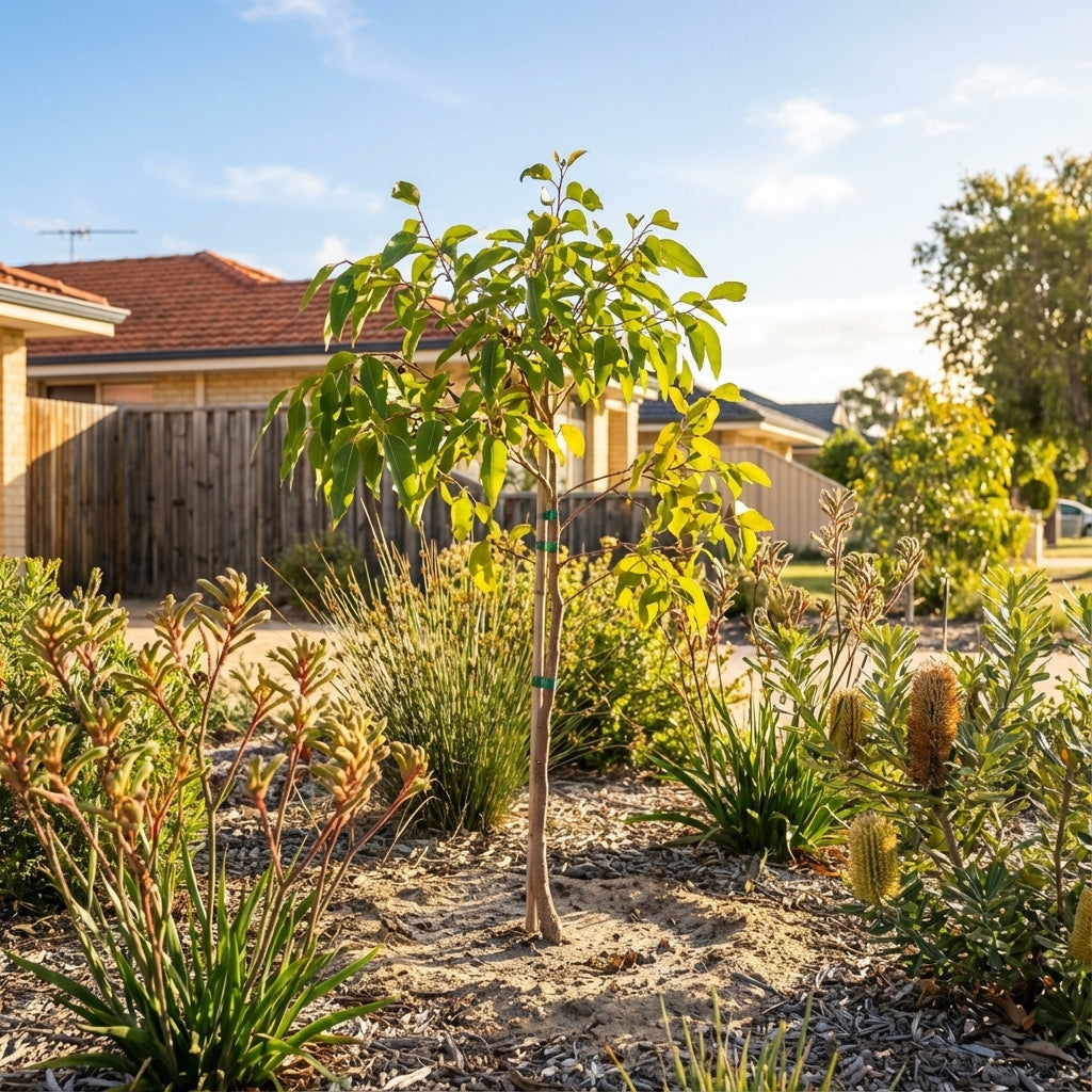 Dwarf Bushy Sugar Gum - Eucalyptus cladocalyx ‘Nana’, an Australian native, is staked in a suburban garden with mulch, other plants, and houses visible in the background on a sunny day.