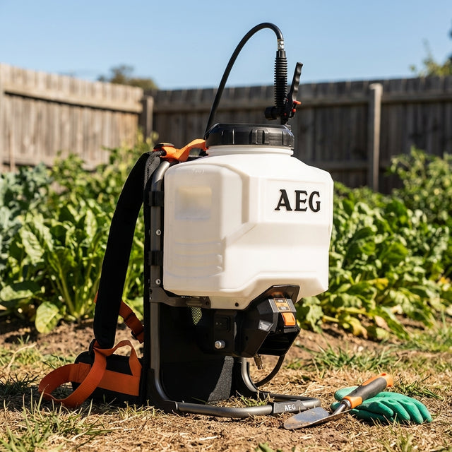 An AEG 18/58V 15L Backpack Sprayer 4.0Ah Force Kit ADVBPS14 sits on soil among tools and vegetables—perfect for professionals needing efficient, precise garden care.