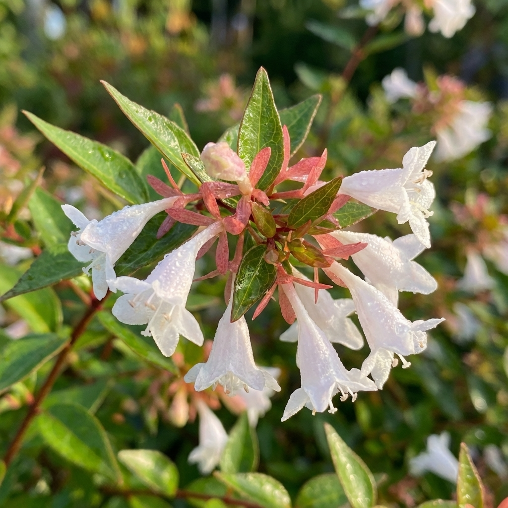 Abelia ‘Francis Mason’ (Abelia x grandiflora ‘Francis Mason’) features white, bell-shaped flowers and glossy green leaves in sunlight on a low-maintenance shrub, ideal for brightening any garden.