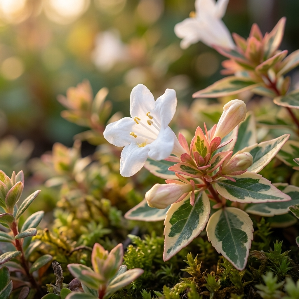 White azalea blooms amid variegated foliage in a sunlit, mossy garden, nestled beside Abelia grandiflora ‘Variegata’, an elegant flowering shrub.