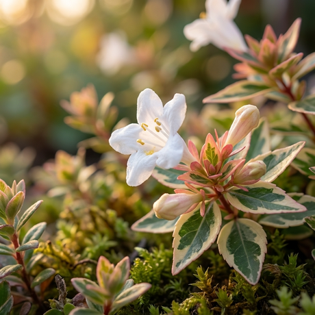White azalea blooms amid variegated foliage in a sunlit, mossy garden, nestled beside Abelia grandiflora ‘Variegata’, an elegant flowering shrub.