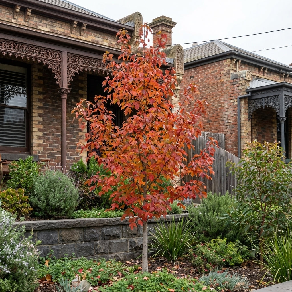 An Acer negundo ‘Sensation’ with vibrant red autumn leaves adds striking seasonal colour to a garden, beautifully enhancing the space in front of a brick house with veranda.