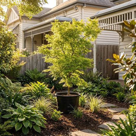 An Acer palmatum dissectum ‘Seiryu’, prized for its upright, finely cut foliage, stands amidst lush garden greenery beside a classic wooden house.
