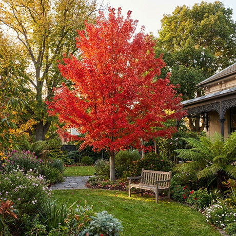 An Acer rubrum ‘October Glory’, noted for its brilliant autumn foliage, stands in a lush garden with a wooden bench and flowers under the sun.