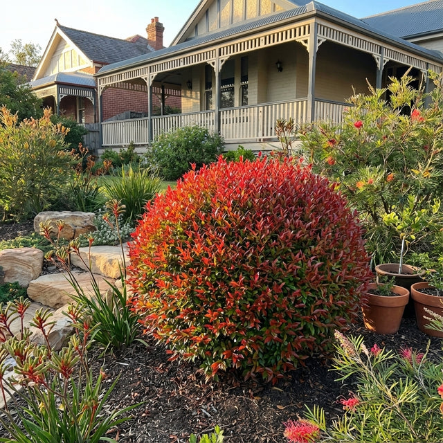 A vibrant garden showcases Acmena smithii ‘Minor Red Tip’ Form, a compact evergreen hedge ideal for screening, in front of a house with a wide wraparound veranda.
