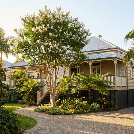 A charming house with a veranda, lush gardens, and a compact Acoma Crepe Myrtle (Lagerstroemia 'Acoma'), admired for its disease resistance and graceful blooms, flourishing in front.