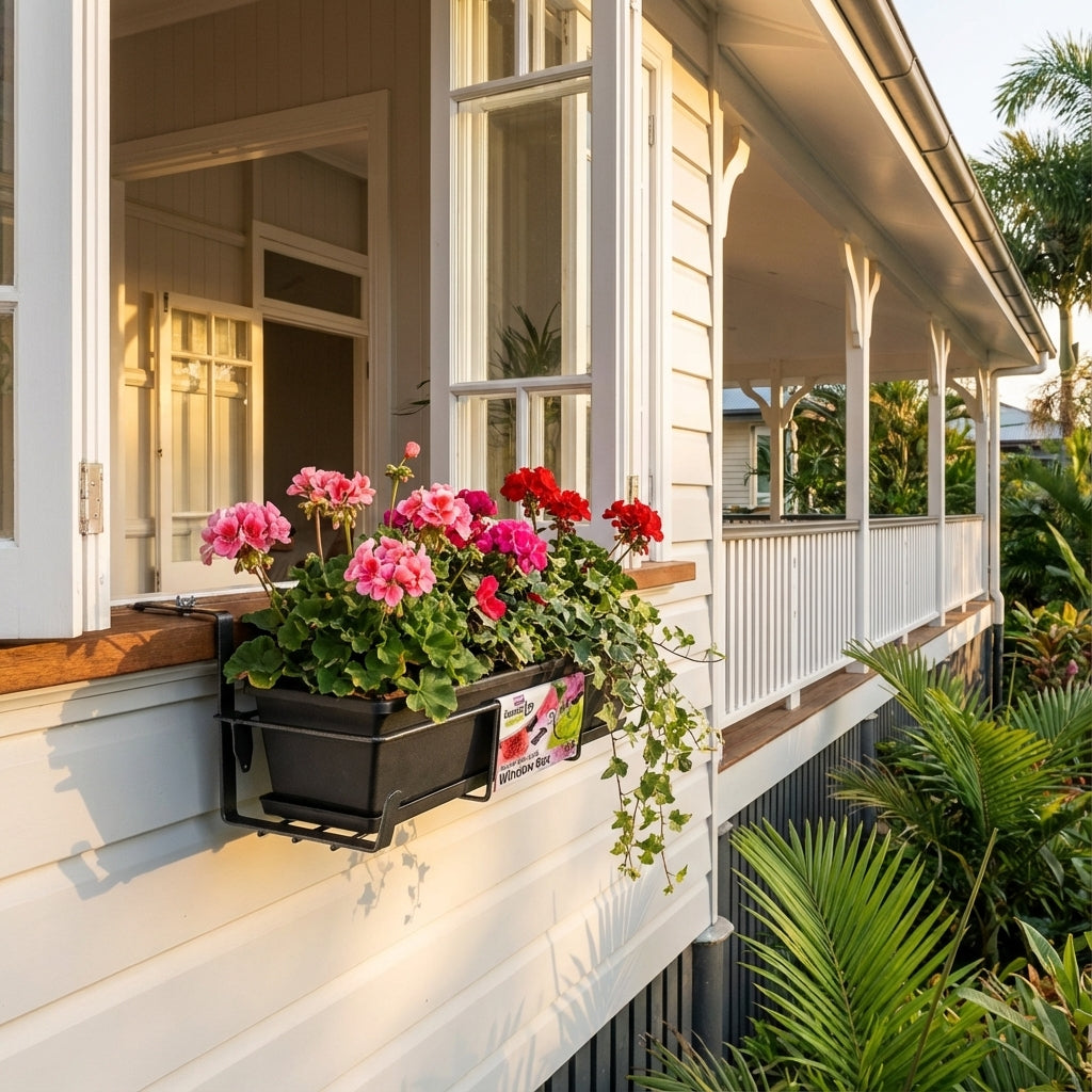 An Adjustable Window Box Planter filled with pink and red flowers is mounted on the exterior of a white wooden house with a porch.