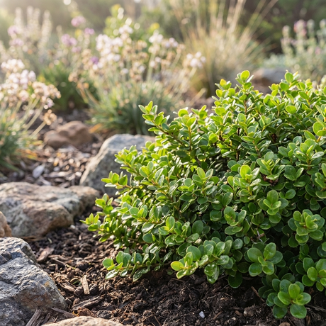 An African Box - Myrsine africana evergreen shrub thrives among rocks and soil in a sunlit garden, with blurred flowers visible in the background.