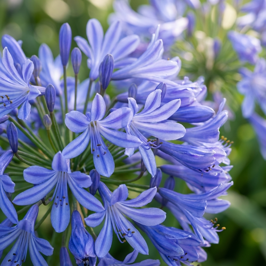 Close-up of Agapanthus Peter Pan - Agapanthus hybrida, a compact variety with vivid purple-blue blooms and lush green foliage in the background.