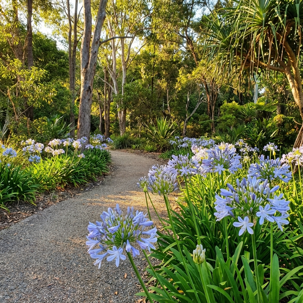 A winding garden path lined with Agapanthus ‘Baby Blue’ (Agapanthus africanus), a compact blue-flowering perennial, surrounded by lush green trees and plants.