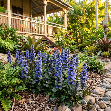 Ajuga Catlins Giant (Ajuga reptans hybrid) produces vibrant blooms as a striking groundcover in shady garden beds with rocks, set before a wooden house and porch framed by lush greenery.