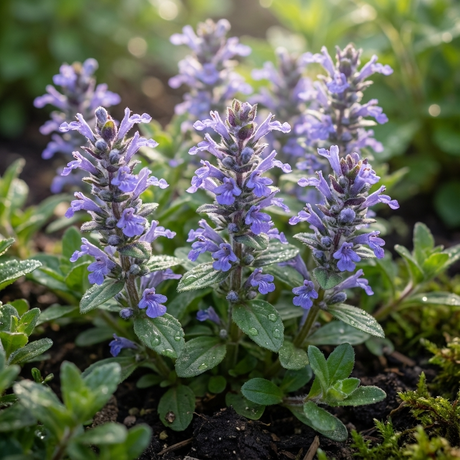 Clusters of Ajuga ‘Tuff n Tidy’ (Ajuga reptans hybrid) display purple flowers and green leaves in sunlit or partly shaded soil—an ideal, dew-kissed groundcover for bright spaces.