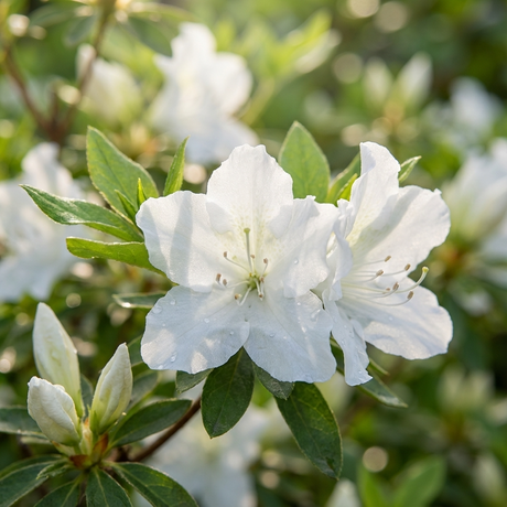 Close-up of Alba Magnifica Azalea - Azalea indica 'Alba Magnifica' highlighting its pure white blooms and lush green foliage in sunlight.