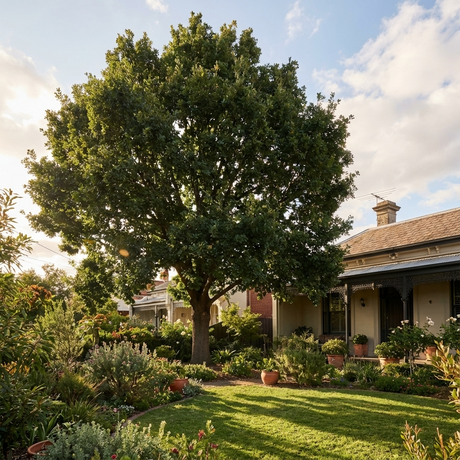 An Algerian Oak (Quercus canariensis) provides shade to a garden and porch on a sunny day, enhancing the charm of the Mediterranean landscape.
