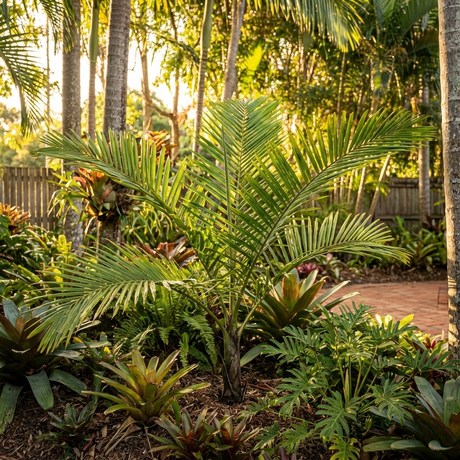 A compact Allagoptera caudescens, a drought-tolerant clustering palm, grows among tropical plants in a sunlit garden with a wooden fence in the background.