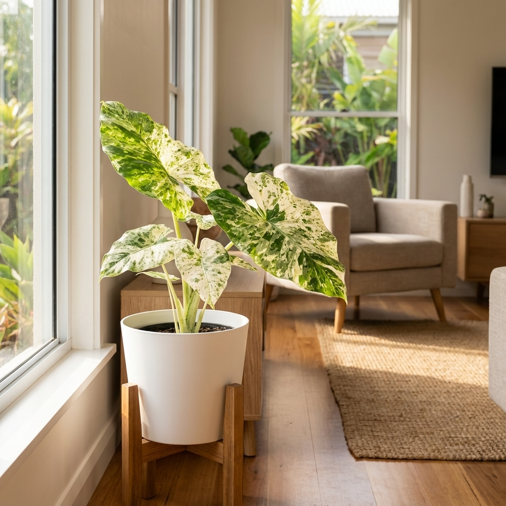 The Alocasia Camouflage Splash, with its striking patterned leaves, sits by a sunny window in a cozy modern living room—a rare tropical plant that brings unique charm to your space.