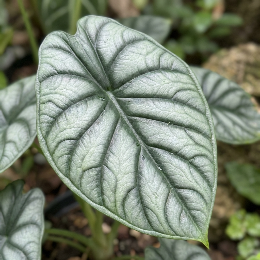 Close-up of an Alocasia ‘Silver Dragon’ (Alocasia baginda) leaf, featuring silver-green tones, bold dark veins, and a heart-shaped form—an eye-catching collector’s indoor plant.