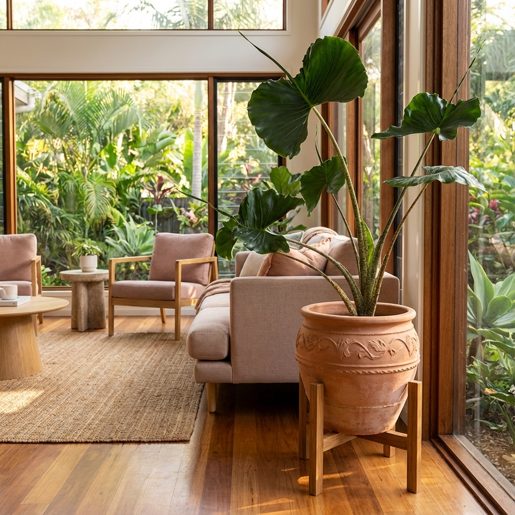 Sunny living room with large windows, a beige sofa, armchairs, woven rug, and an Alocasia Stingray plant adding a unique tropical accent to the space.