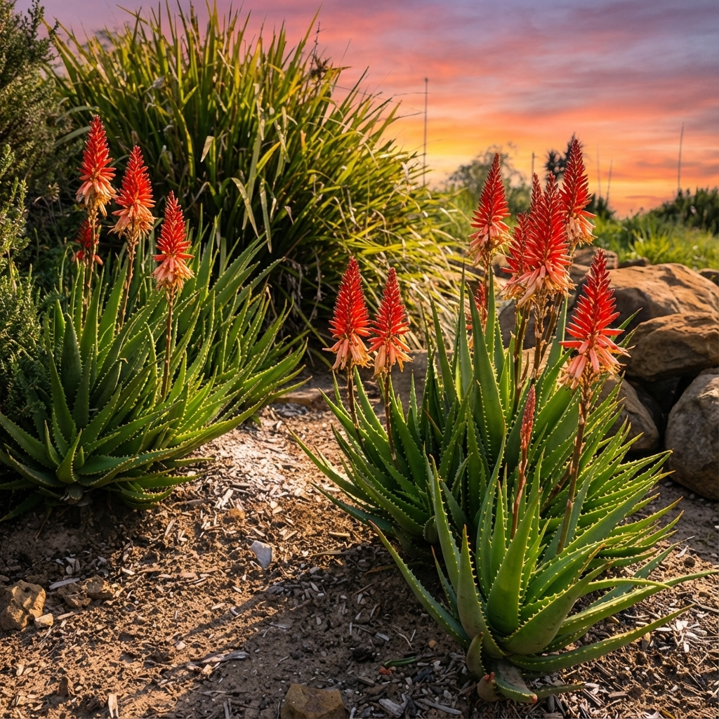 Aloe Mighty Sunset - Aloe hybrid, with its drought tolerance and striking orange-red flowers, brings vibrant color to your garden at sunset.