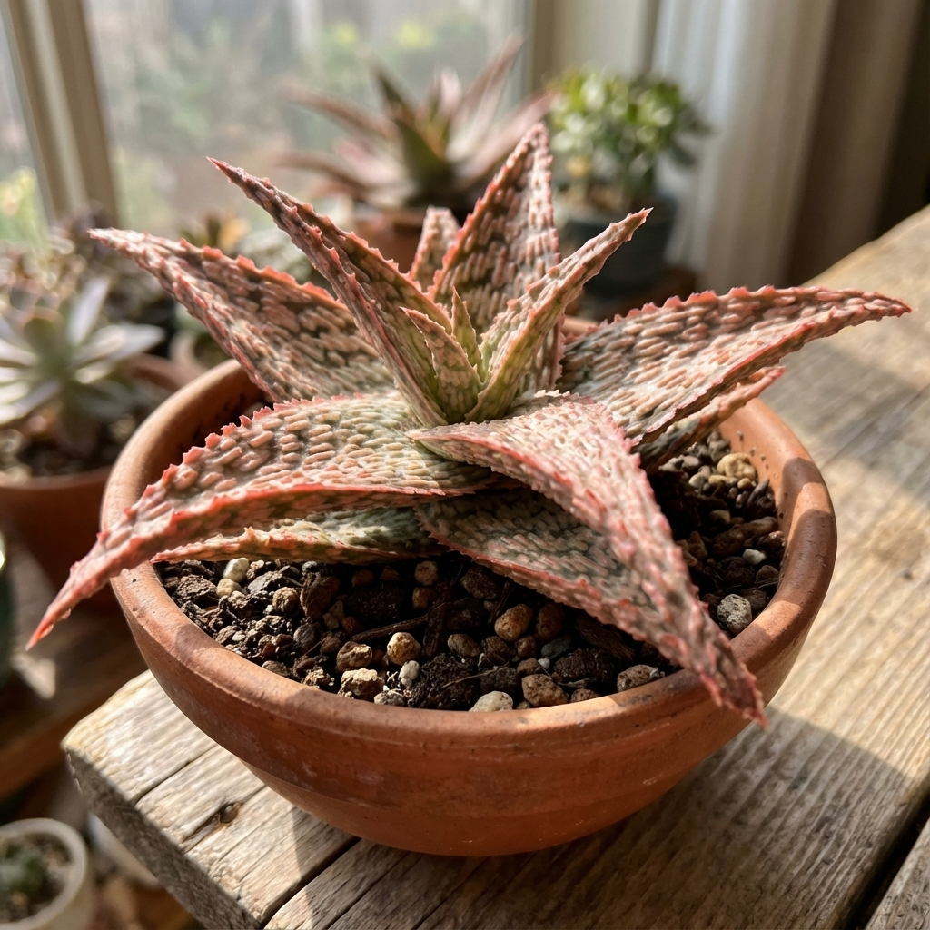 An Aloe Pink Blush - Aloe hybrid with pink variegation sits in a small terracotta pot on a sunlit wooden surface indoors.