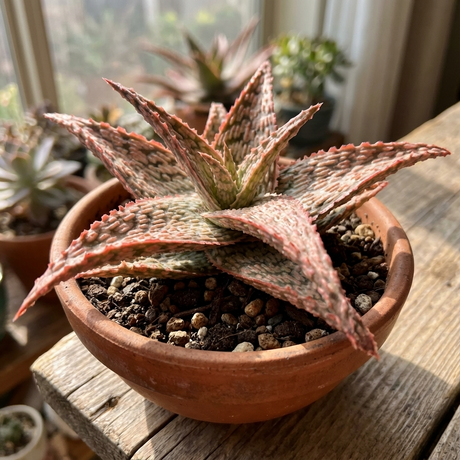 An Aloe Pink Blush - Aloe hybrid with pink variegation sits in a small terracotta pot on a sunlit wooden surface indoors.