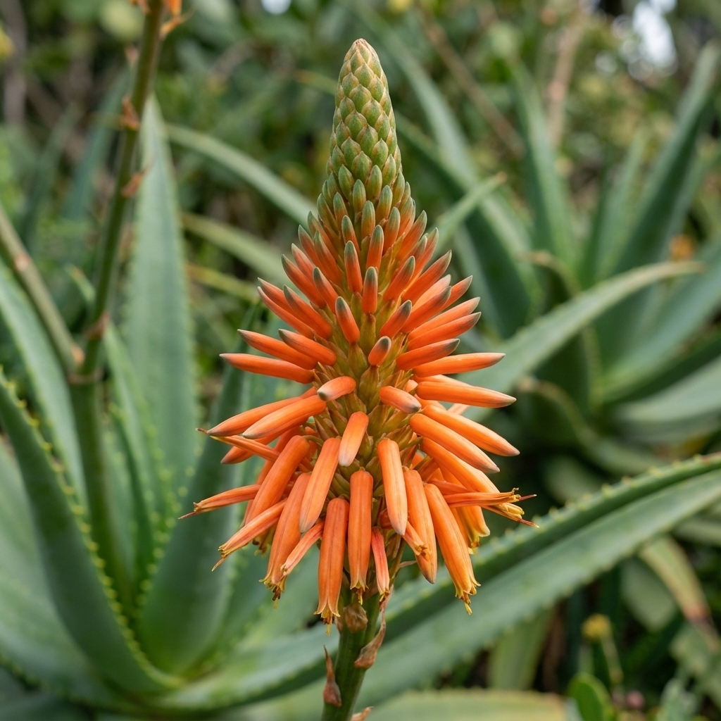 Close-up of Aloe Supreme Orange - Aloe hybrid, featuring vibrant orange flower spikes and lush green leaves—a striking, drought-tolerant plant.