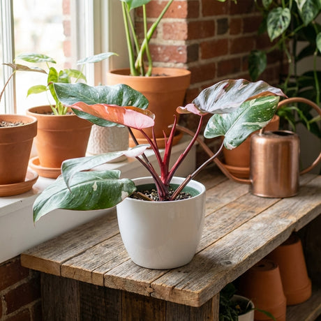 A variegated tropical indoor plant sits on a wooden table by a window, surrounded by other houseplants including an Andersons Red Philodendron - Philodendron Andersons Red.