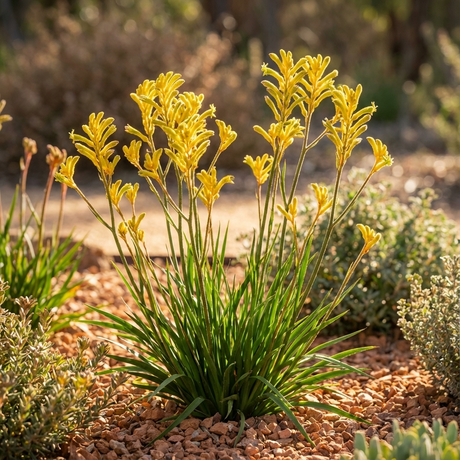 Kangaroo Paw - Anigozanthos ‘Bush Bonanza’ features tall green leaves and vibrant yellow blooms in sunlit, rocky gardens—a striking, drought-tolerant plant.