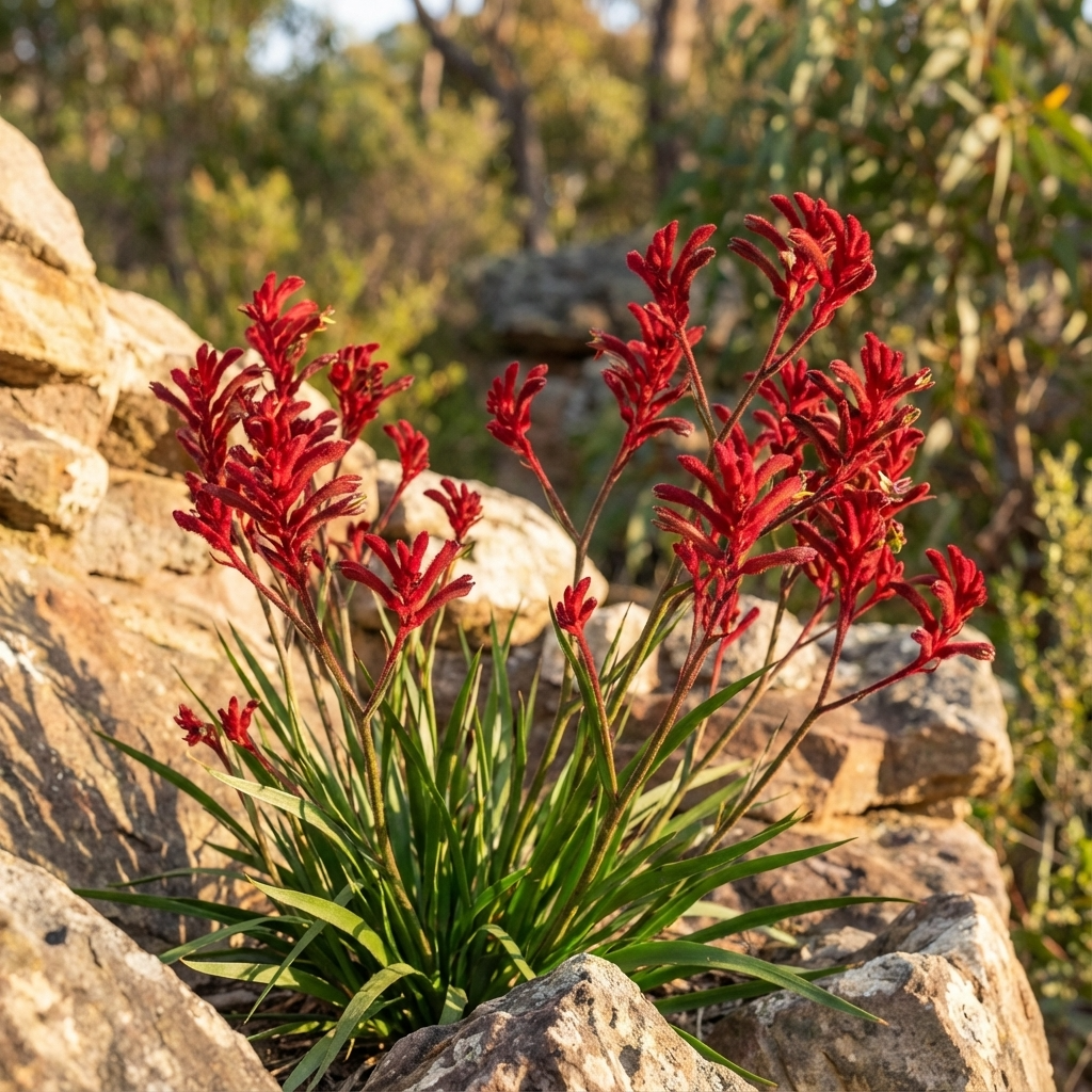Kangaroo paw - Anigozanthos Bush Elegance features vivid red flowers and green foliage, thriving in sunny, rocky areas with a natural Australian landscape and blurred trees in the background.
