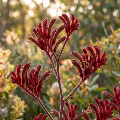 Kangaroo Paw - Anigozanthos ‘Frosty Red’ features fuzzy red flowers that stand out against green foliage and sunlight, highlighting their drought-tolerant beauty.