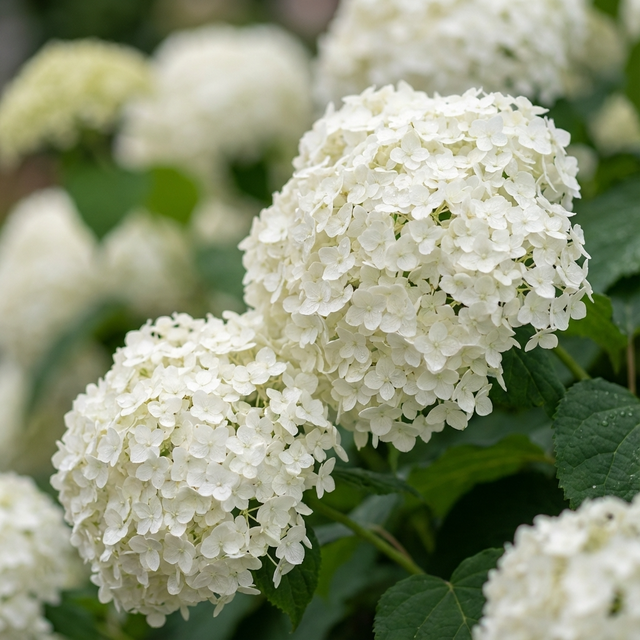 Close-up of Annabelle Hydrangea - Hydrangea arborescens 'Annabelle' in bloom, featuring clusters of delicate white blossoms set against a backdrop of lush green leaves.
