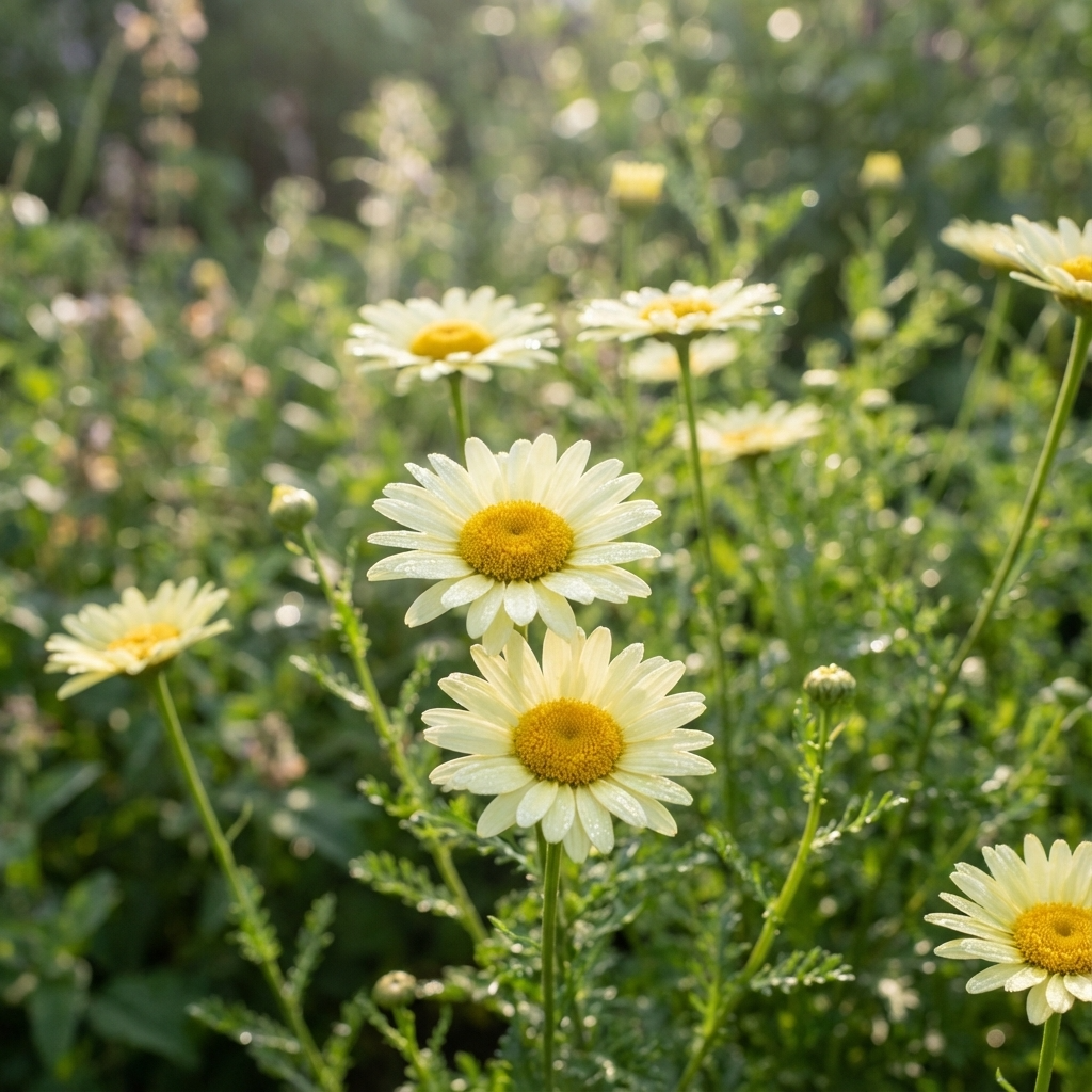 Anthemis ‘EC Buxton’ – Dyer’s Chamomile (Anthemis tinctoria) features bright yellow blooms shining with dewdrops among lush green foliage—a perfect addition to any sunlit cottage garden.